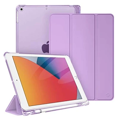 Bild av Fintie Fodral för nya iPad 10.2 tums 8th Generation 2020 /7th 2019 modeller med pennhållare ultratunt och lätt fodralställ genomskinligt frostat skydd på baksidan som stödjer automatisk uppvaknings sömnfunktion. Viol