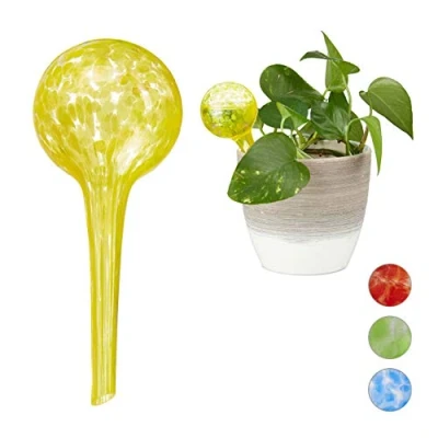 Bild av Relaxdays Bevattningskula set om 2, doserade bevattningsväxter och blommor, vattningshjälp kontor, semester, Ø 6 cm, glas, gul, 2 stycken,