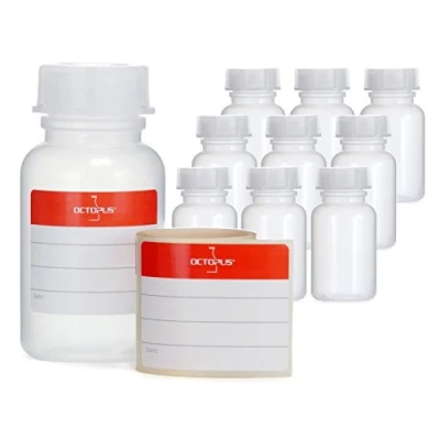 Bild av 10x 100 ml flaskor med bred hals av LDPE skruvlock, tomma kemiska flaskor, laboratorieflaskor lock som förvaringsbehållare för laboratorium, kök eller hobby