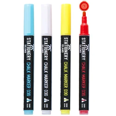 Bild av Stationery Island Kritpennor D30 förpackning med 4 blandade färger 3 mm mejselspetsnibs. Torr Torka bort vätska kritmarkörer. för glas, whiteboards, skyltar och icke porösa svarta tavlor