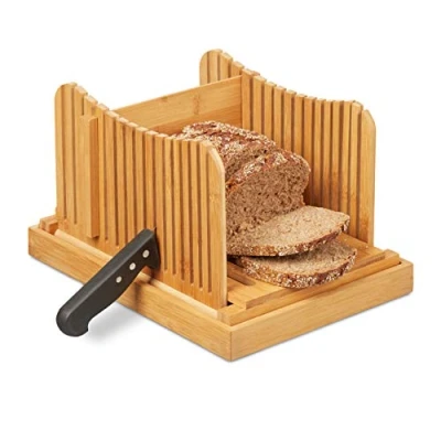 Bild av Relaxdays, naturlig brödskärningshjälp, justerbar skärhjälp, bröd, rostat bröd och kakor, bambu, brödbräda med smulfack, 1 styck