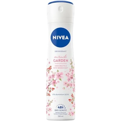 Bild av NIVEA Miracle Garden deodorant spray, tillförlitlig utan aluminium (ACH) med doft av körsbärsblomma och röda bär, 48 h skydd mild formel (150 ml)