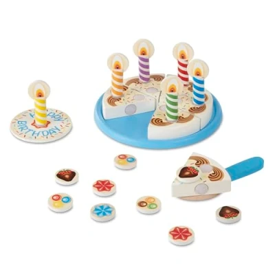 Bild av Melissa &amp; Doug födelsedagstårta i trä med olika pålägg Låtsas spela Lekmatleksak för barn 3+ Present till pojke eller flicka
