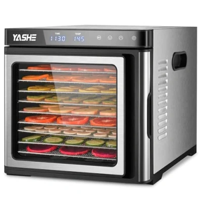 Bild av YASHE Rostfri Matavhydrator, 1000W Avhydrator med LED display, Precis Temperaturjustering (35 75C), 48 Timmars Timer, 9 Rostfria Brickor, 2 Masknät, 1 Fruktrollsbricka