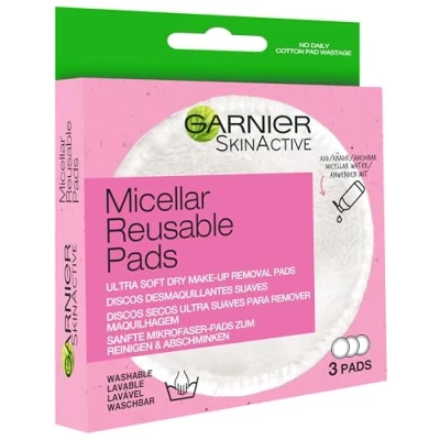 Bild av Garnier, tvättbara bomullsrondeller, kan användas många gånger var för att avlägsna smink mm, Micellar Reusable Eco Pads, 3 styck