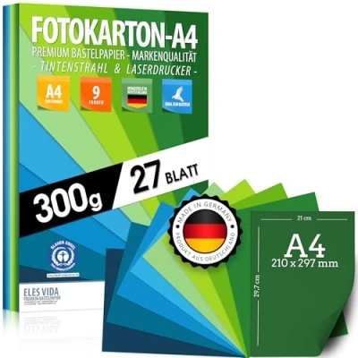Bild av 27 ark fotokartong papper DIN A4 300 g set 9 färger stabilt pysselpapper och färgade blad, barn gör det själv papper, marin grön gräs blå ocean ängel certifierad tillverkad i
