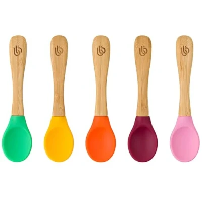 Bild av bamboo ® Baby avvänjningsskedar set med 5 Bambu mjuka silikonspetsar Ergonomiska handtag lätt grepp BPA fri (set 5)