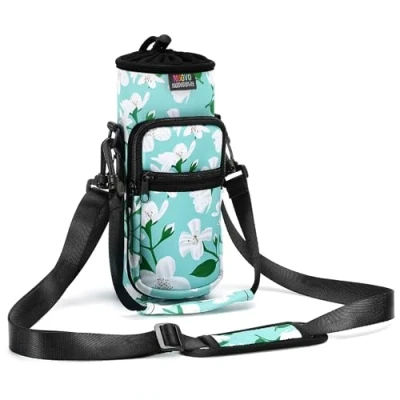 Bild av Nuovoware Neopren flaskväska, 25oz/710 ml flaskhållare med justerbar axelrem/rem, tote väska 2 fickor, perfekt tillbehör för resor, vandring, camping, grön lilja