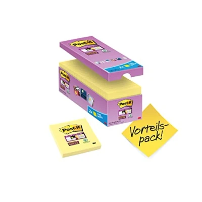 Bild av Post it Super Sticky Notes Kanariegul, värdepaket, paket med 14 + 2 gratis dynor, 90 ark per dyna, 76 mm x mm, gul färg extra klisterlappar för anteckningar, att göra listor och påminnelser