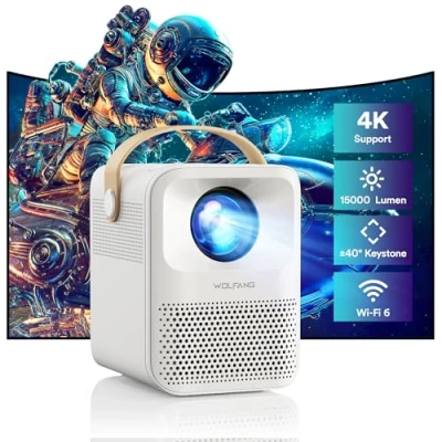 Bild av Miniprojektor, WOLFANG 4K stödd bärbar projektor 5G WiFi, BT 5.2, 12000 LM 200&quot; skärm hemmabiofilmprojektor, telefonprojektor kompatibel med iOS/Android/HDMI/PC/TV Stick/USB/PS5
