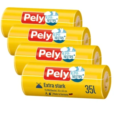 Bild av Pely dragband, soppåse extra stark klimatutraliserad genom kompensation, värdepaket (4 x 15 stycken), gul, för bortskaffande av resterande fall (35 liter)