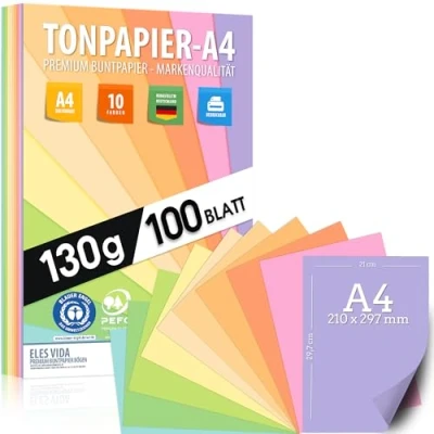 Bild av ELES VIDA Pastell tonritpapper DIN A4 100 ark 130 g 10 färger fast papper färgade pastelblad för skola, hobby barn och gör det själv bågar, pysseltillbehör gåvor, färgpapper pastellfärger