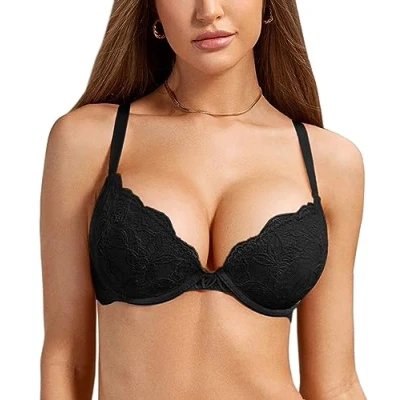 Bild av DOBREVA Push up bh med spets för kvinnor Sexy Plunge Vadderad bygelhållare Stödbehå Lift Svart 85D