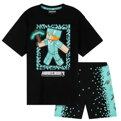 Bild av Minecraft Cotton Short Pyjamas, T shirt och Shorts Set för pojkar (svart/blå, 5 6 år)