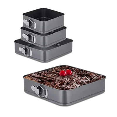 Bild av Relaxdays Springform set 4 delar, 18, 20, 26, 28 cm, rostfritt stål, non stick beläggning, fyrkantiga bakformar, antracit
