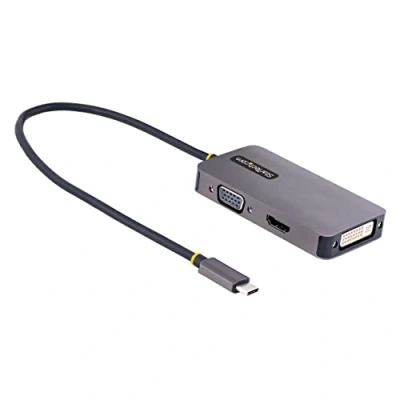 Bild av StarTech.com USB C videoadapter, till HDMI DVI VGA adapter, upp 4K 60Hz, aluminium, multiport videoskärmadapter, Thunderbolt 3/4 kompatibel, typ reseadapter (118 USBC VGADVI)