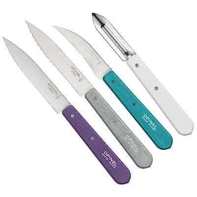 Bild av Opinel kökskniv, Essentials, 4 delar, rostfritt, färgade bokträhandtag knivset, rostfritt stål, lila/silver/turkos/vit, 19,5 x 2 1 cm, enheter