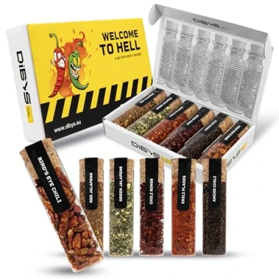 Bild av DIBYS WELCOME TO HELL Het Chili Gåvo set 6 heta kryddor inkl. receptkort krydd med chiliflakes, Ancho chili, Bird&#039;s Eye &amp; mer Gåvor för matentusiaster
