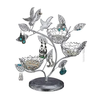 Bild av Relaxdays Smyckesträd, 88 hål för örhängen, 3 skålar ringar, järn, vintage smyckesställ HBT 34 x 39 15 cm, silver