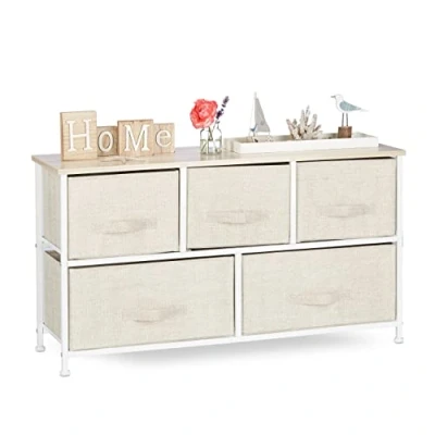 Bild av Relaxdays Hyllsystem, 5 tyglådor, universell lådlåda, metall och trä, H x B D: 54,5 100 30 cm, beige, design E