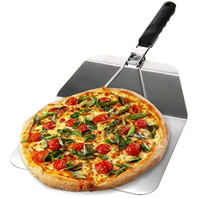 Bild av COM FOUR® Pizzaspade i rostfritt stål pizza och kaklyftare med hopfällbart handtag pizzoreglage för pizza, tarte flambée, rullar bröd