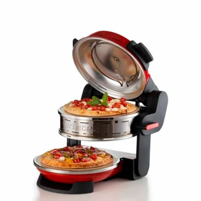 Bild av Ariete Dubbel pizzaugn 927, med 5 matlagningsnivåer, 2 non stick eldfasta plattor, träblad ingår, max 400 C, termostater, diameter 32 cm, 300 W, röd