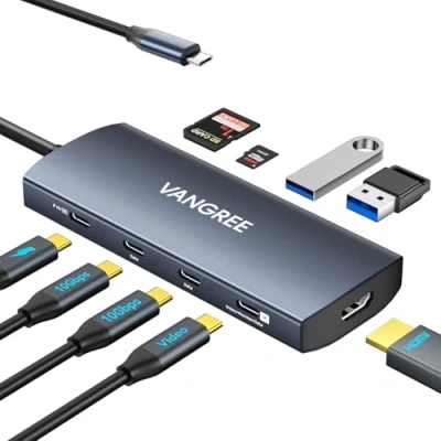 Bild av USB C Video Output Hub, 3 &amp; 2 A 3.2 10Gbps portar, 4K@60Hz HDMI, 100W PD, SD/TF kortplatser, Splitter Dual Monitor Adapter för MacBook Pro, Monitor, AR Glasögon