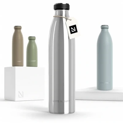 Bild av LARS NYSØM rostfri vattenflaska 350ml, 500ml, 750ml, 1L, 1,5 liter Termosflaska lämplig för kolsyrat Läcksäker sport, utomhus, skola (Mirror Silver, 1000ml)