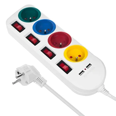 Bild av Maclean Strömställare Förlängningskabel Med 4 Uttag + 2xUSB Strömbrytare 250VAC/10A, 2.1A 5V, 1.5m (Vit)
