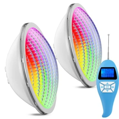 Bild av LyLmLe LED poolbelysning PAR56 20 W RGB färgskiftande dimbar simbassäng lampa med fjärrkontroll, ersätter gamla halogenlampor, IP68 vattentät undervattensspotlight, 12 V AC (paket 2)