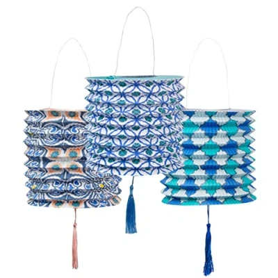 Bild av Marockanska geometriska blå papperslyktor dekorationer för födelsedagsfest, trädgård, sommar, babyshower 3 pack, tillverkad av talande bord