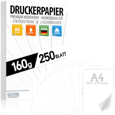 Bild av Skrivarpapper A4 160 g vitt 250 ark premiumpapper rent DIN 21 x 29,7 cm ritpapper tjockt, otryckt för universitet, fotografi, presentationer, hantverk, högkvalitativt ansökspapper