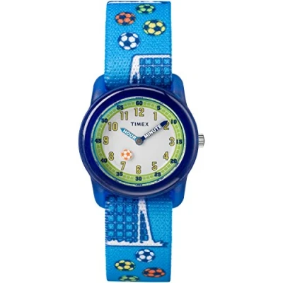 Bild av Timex TIME Machines® 29 mm blå/gul rand elastiskt tyg barnklocka, Blå/fotboll, One Size, Tidsmaskiner