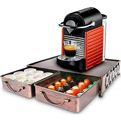 Bild av Kaffekapselhållare, Kapsellådor för Kaffe, Kapslar Förvaringslåda Tassimo Pods/Nespresso Kapselpodar/Nescafe Dolce Gusto Pods/Lavazza Pod etc, Rymmer upp Till 60 KaffekapslarRetro Borstad Brons