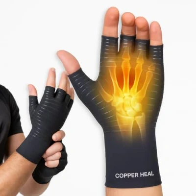 Bild av COPPER HEAL Artrit kompressionshandskar bästa kopparhandske för reumatoid artrit, karpaltunnel, RSI, osteoartrit och tendinit öppna fingrar (L)