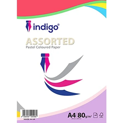 Bild av Indigo® A4 80 gsm färgat papper origami diverse flerfärgat för konst och hantverkspapper (pastell, 100 ark)