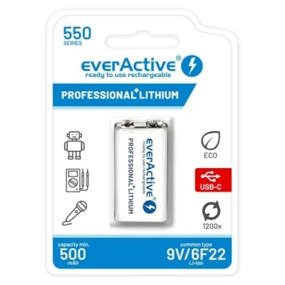 Bild av Uppladdningsbart batteri everActive 6F22/9V Li ion 550 mAh med USB TYP C