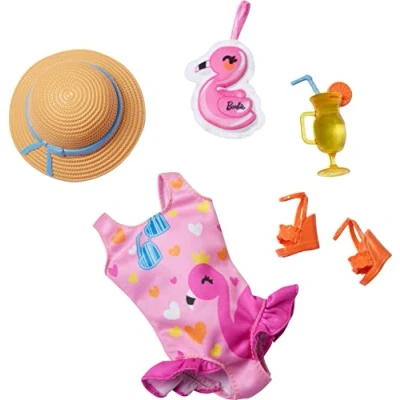 Bild av Barbiekläder, förskoleleksaker, mitt första modepaket, baddräkt och flamingo, enkel påklädnad, strandtillbehör