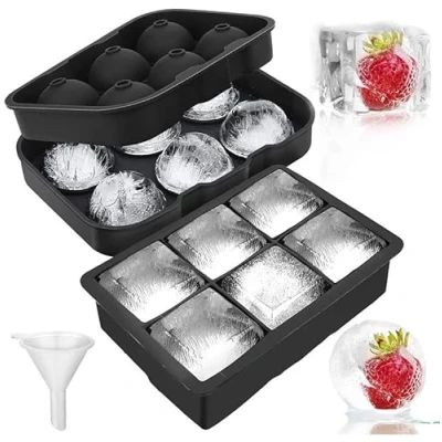 Bild av LessMo 2 pack iskubsbrickor, silikonsfär gigantisk isbollsformar med lock och stora fyrkantiga isbitsformar för whiskey, återanvändbara BPA fria