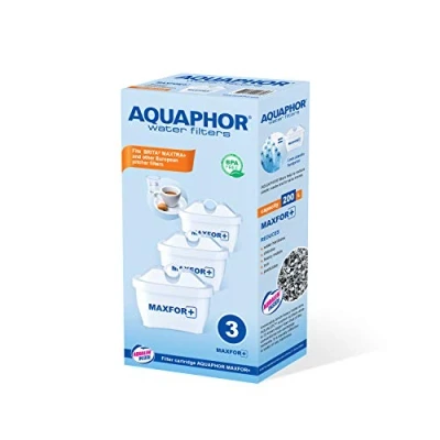 Bild av AQUAPHOR MAXFOR+ Pack 3 vattenfilterpatron för kalk, klor och andra oönskade ämnen, med patenterat akvarell, vit, 200 l