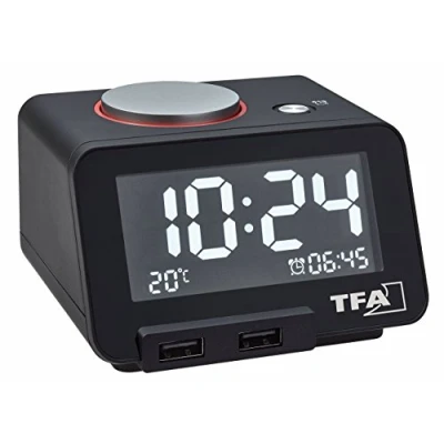 Bild av TFA Dostmann digital väckarklocka Homtim, med USB laddningsfunktion, 60.2017.01, snooze, plast, svart