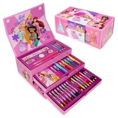 Bild av Disney Stitch barn färgpennor ritningskit konstset för flickor pojkar kontorsmaterial med anteckningsblock kritor markörer resefodral gåvor (rosa prinsessor)