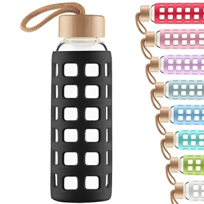 Bild av Cleesmil Sports vattenflaska i glas med silikonhylsa bambulock BPA fri 1 000 ml/1 liter (svart)