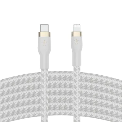 Bild av Belkin BoostCharge Pro Flex flätad USB typ C till Lightning kabel (3 m) MFi certifierad 20 W snabbladdande PD strömförsörjning för iPhone 14/14 Plus, 13, 12, Pro, Max, Mini, SE, iPad med mera vit