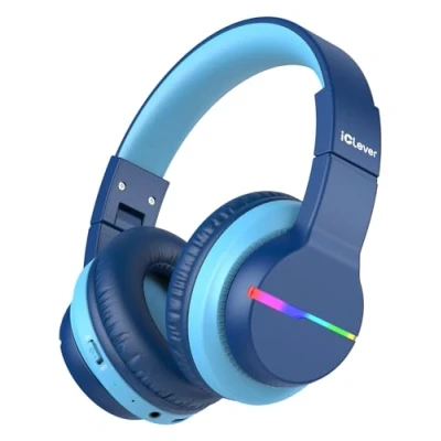 Bild av iClever Bluetooth hörlurar BTH12 för barn, med färgade LED lampor, barnhörlurar av over ear typ volymbegränsning på 74/85/94 dB, 55 timmars speltid, 5.2, inbyggd mikrofon