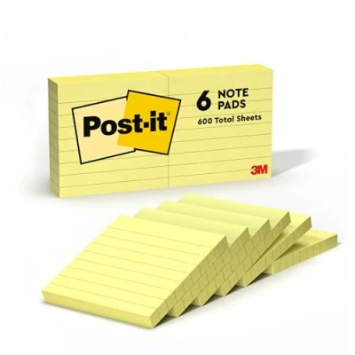 Bild av Post it 6306PK självhäftande anteckningar, linjerade, 76 x mm, 6 st. 100 ark och gul