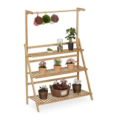 Bild av Relaxdays Blomhylla, 3 nivåer och hängande stång, H x B D 145,5 100 38 cm, bambu, vikbar växthylla, natur