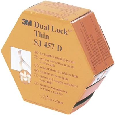 Bild av 3M Dual Lock SJ457D, uppladdningsbart fästsystem för platt fastsättning, därför bara halvt så tjockt som standard dubbla lås tryckförslutningar 25 mm x 10 m, genomskinlig, tjocklek: 2,5