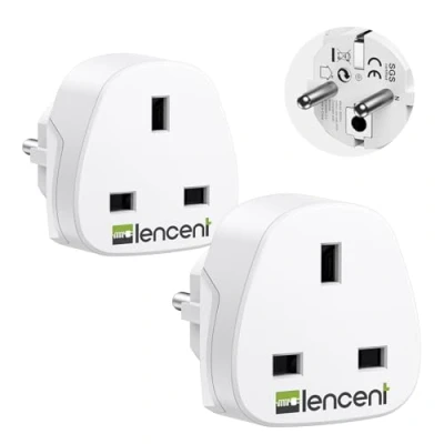 Bild av LENCENT 2 st Reseadapter UK till Sverige/EU Laddare, Typ C/E/F Laddningsadapter för Dator, Mobiltelefon Travel Adapter Plug, Strömadapter Irland, England, Skottland, Dubai, Malta Sverige, Vit