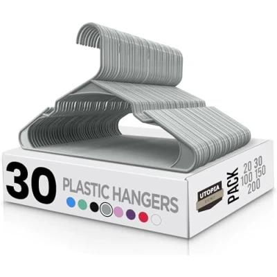 Bild av Utopia Home klädhängare 30 Pack Plasthängare som sparar utrymme Slitstark med axelskåror (Grå)